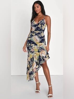 Lulus NWT Flowering Beauty Navy Blue Floral Print Asymmetrical Midi Dress XL